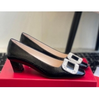 Top Design Roger Vivier Belle Vivier Strass Buckle Pumps 4.5cm in Snakeskin Embossed Leather Black 1225099