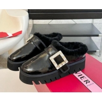 Grade Quality Roger Vivier Strass Buckle Snow Boots 4cm in Black Patent Leather and Wool 1225101