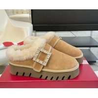 Top Grade Roger Vivier Strass Buckle Snow Boots 4cm in Suede and Wool Light Brown 1225102