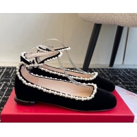 Good Looking Roger Vivier Ankle Strap Ballerinas Flat in Velvet with Pearls Black 1225103