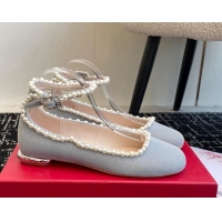 Shop Duplicate Roger Vivier Ankle Strap Ballerinas Flat in Velvet with Pearls Grey 1225105