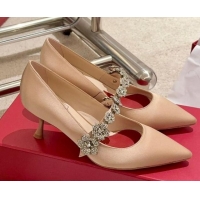 Best Grade Roger Vivier Efflorescence Mary Jane Pumps 6.5cm in satin with flora strass buckle Beige 0225002