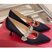 Good Quality Roger Vivier Efflorescence Mary Jane Pumps 6.5cm in satin with flora strass buckle Black 0225003