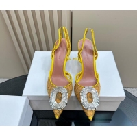 Best Product Amina Muaddi Camelia Slingback Pumps 9.8cm in Lace with Rectangular Strass Buckle Yellow 0219025