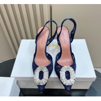 Classic Hot Amina Muaddi Camelia Slingback Pumps 9.8cm in Lace with Rectangular Strass Buckle Blue 0219026