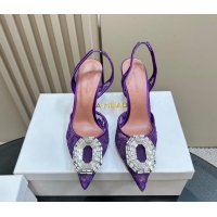 Stylish Amina Muaddi Camelia Slingback Pumps 9.8cm in Lace with Rectangular Strass Buckle Purple 0219027