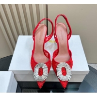 Buy Luxury Amina Muaddi Camelia Slingback Pumps 9.8cm in Lace with Rectangular Strass Buckle Red 0219028