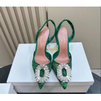 Top Grade Amina Muaddi Camelia Slingback Pumps 9.8cm in Lace with Rectangular Strass Buckle Green 0219029