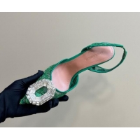 Top Grade Amina Muaddi Camelia Slingback Pumps 9.8cm in Lace with Rectangular Strass Buckle Green 0219029