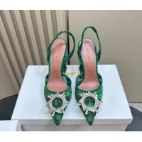 Good Quality Amina Muaddi Begum Embellished Slingback Pumps 9.8 cm in Lace and Strass Buckle Green 0219031