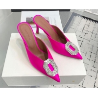 Good Looking Amina Muaddi Camelia Strass-Embellished Buckle Point-toe Mules 9cm in Satin Neon Pink 0219037