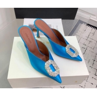 Top Design Amina Muaddi Camelia Strass-Embellished Buckle Point-toe Mules 9cm in Satin Blue 0219040