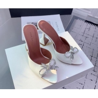 Luxury Amina Muaddi Rosie Strass-Embellished Bow Slides Sandal 9.5cm in Satin White 0219044