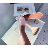 Popular Style Amina Muaddi Rosie Strass-Embellished Bow Slides Sandal 9.5cm in Satin Light Pink 0219046