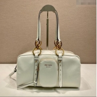 Free Shipping Prada Dangle medium oil leather top-handle bag 1BB138 White 2025