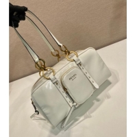 Free Shipping Prada Dangle medium oil leather top-handle bag 1BB138 White 2025