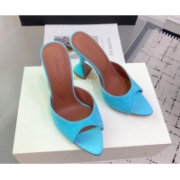 Luxury Amina Muaddi Caroline Heeled Slides Sandal 9.5cm in Satin and Strass Light Blue 0219057