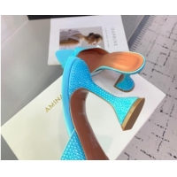 Luxury Amina Muaddi Caroline Heeled Slides Sandal 9.5cm in Satin and Strass Light Blue 0219057