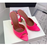 Good Product Amina Muaddi Caroline Heeled Slides Sandal 9.5cm in Satin and Strass Neon Pink 0219059