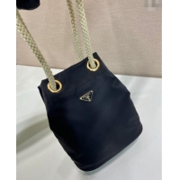 Luxury Cheap Prada Re-Nylon and Leather Bucket Bag 1BE082 Black 2025