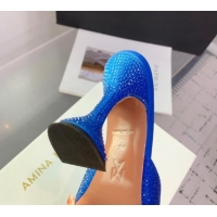 Popular Style Amina Muaddi Caroline Heeled Slides Sandal 9.5cm in Satin and Strass Royal Blue 0219062