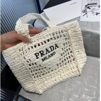 Luxury Cheap Prada Crochet Mini Basket Straw Bag 0311 White 2025