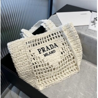 Luxury Cheap Prada Crochet Mini Basket Straw Bag 0311 White 2025