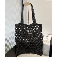 New Fashion Prada Crochet Bucket Straw Bag 0311 Black 2025