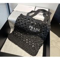 New Fashion Prada Crochet Bucket Straw Bag 0311 Black 2025