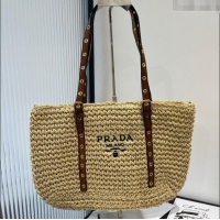 Top Grade Prada Tote Straw Bag with Buckle Strap 0311 Beige 2025