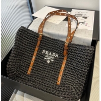 Well Crafted Prada Tote Straw Bag with Buckle Strap 0311 Black 2025