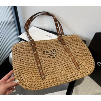 Good Looking Prada Tote Straw Bag with Buckle Strap 0311 Khaki 2025