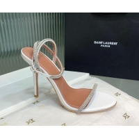 Durable Amina Muaddi Vita Heeled Sandals 10cm in Mirror Leather and Strass with Strap White 0219072