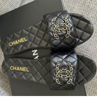 ​Famous Brand Chanel Lambskin Flat Slides Sandal With Chain CC Logo 72205 Black