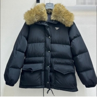 Top Design Prada Nylon Down Jacket with Fur Collar 9009 Black 2024 (For Women and Men)