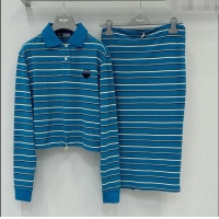 Reasonable Price Top Grade Prada Cotton Striped Polo Shirt and Skirt Set 0215 Blue 2025