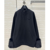 New Design Prada All Black Coat with Fur Charm C030609 2025