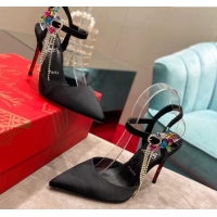 Top Design Christian Louboutin Black Satin Pumps 10cm with Strass Tassel 0220046