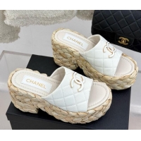 Fashion Luxury Chanel Fabric Wedge Slide Sandal 8cm Heel CH21401 White