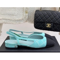 Best Grade Chanel Quilted Suede & Grosgrain Slingbacks Flats with Studs G31319 Pale Blue