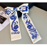 Well Crafted Chanel Printed Silk Bandeau Scarf 6x120cm 9025 White/Blue 2025