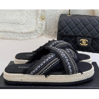 Top Grade Chanel Denim Flat Slides Sandal with Cross Strap and Beads Black CH030108