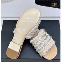 Top Design Chanel Straw-Like Slides Sandal with Strass Beige CH030109