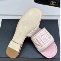 Good Quality Chanel Straw-Like Slides Sandal with Letters Embroidery Light Pink CH030110
