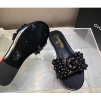 Classic Hot Chanel Lambskin Flat Slides Sandal with Camellia Bloom Black 2025 CH030304