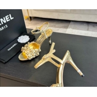 Best Grade Chanel Lambskin Heel Sandals 8cm with Camellia Bloom Gold 2025 CH030304