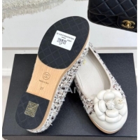 Lower Price Chanel Tweed & Wood-Like Loafers 4cm with Camellia Bloom White/Brown 2025 CH030305