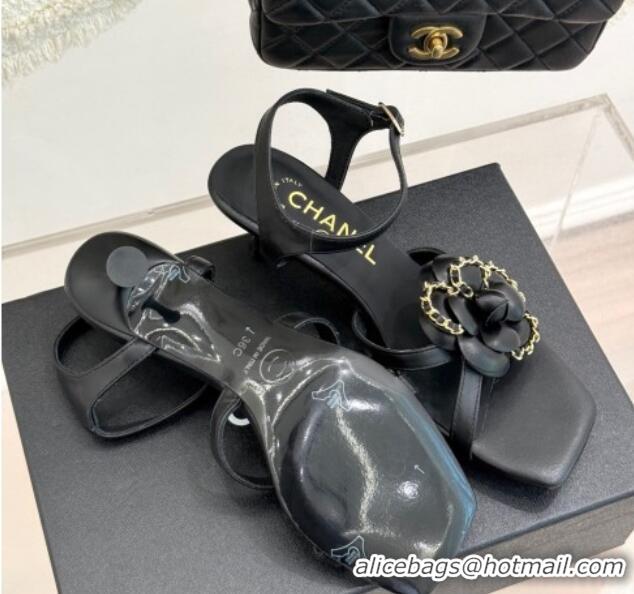 Luxury Chanel Lambskin Heel Sandals 7.5cm with Camellia Bloom and Chain Black 2025 CH030306