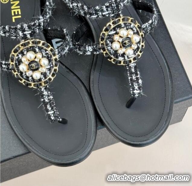 Low Price Chanel Tweed Flat Thong Sandals with Pearls Black 2025 CH030307