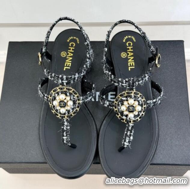 Low Price Chanel Tweed Flat Thong Sandals with Pearls Black 2025 CH030307